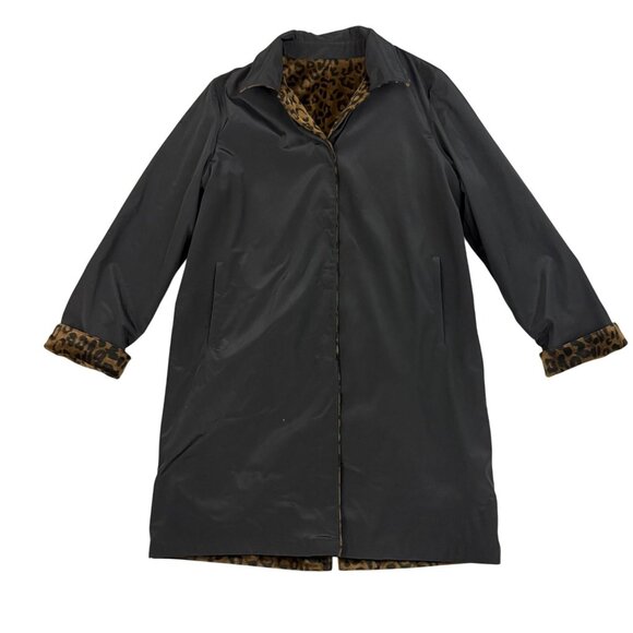 Talbots Coat Women's Medium Reversible Black Leopard Print Rain Jacket Trench - Picture 2 of 14